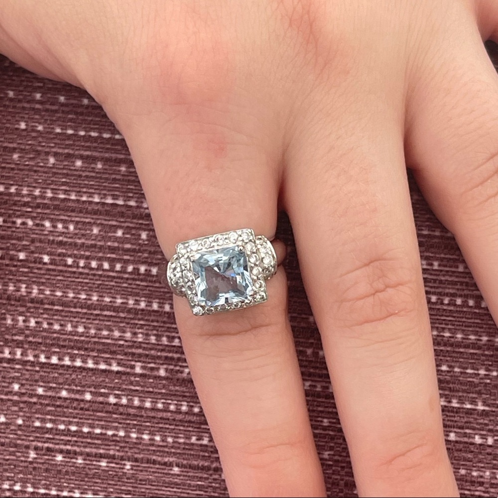Blue & White CZ Fashion Cocktail Ring Platinum Plated Sterling Silver
